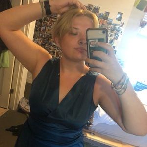 Silky Turquoise Mini V Neck A Line Dress